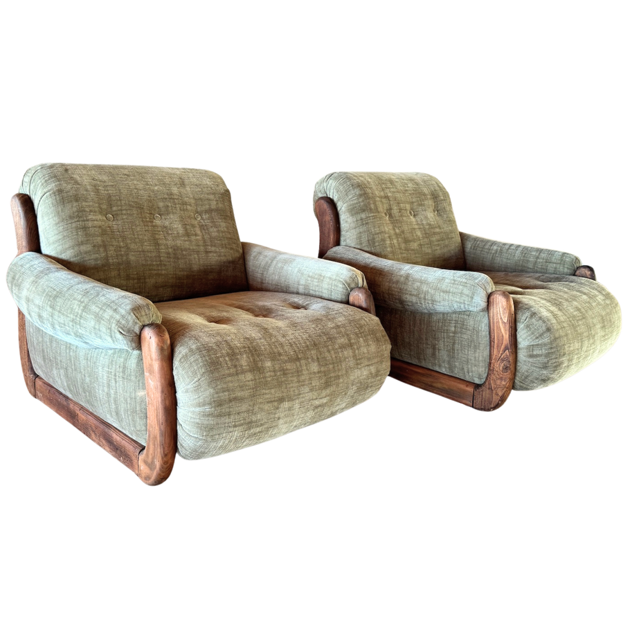Pair of Vintage Sage Green Spanish Oak Framed Chairs, 1960s