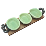 Trio of Celadon Ceramic Bowls with Wood Tray