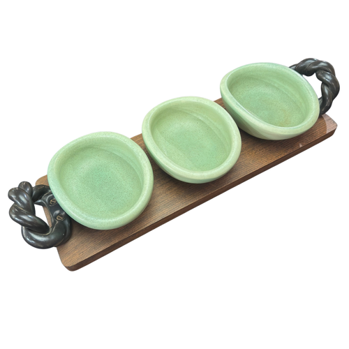 Trio of Celadon Ceramic Bowls with Wood Tray