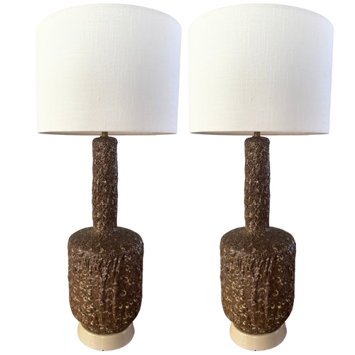 Pair of Textured Brown Ceramic Table Lamps