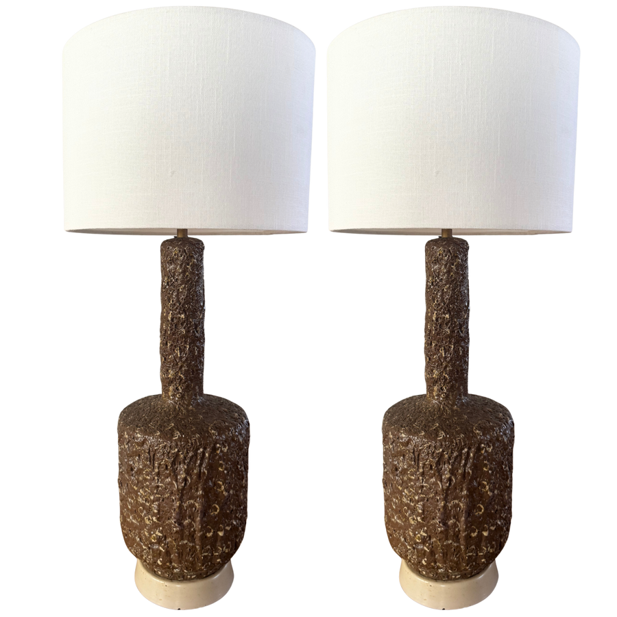 Pair of Textured Brown Ceramic Table Lamps
