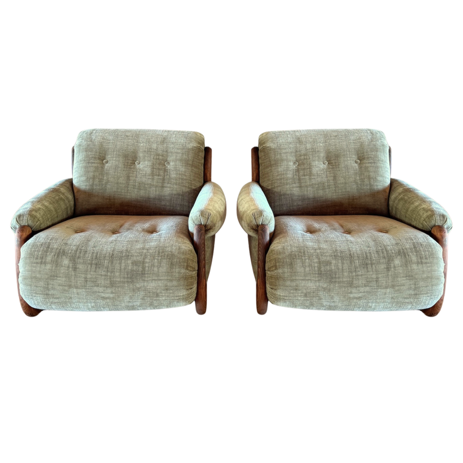 Pair of Vintage Sage Green Spanish Oak Framed Chairs, 1960s
