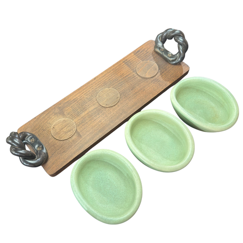 Trio of Celadon Ceramic Bowls with Wood Tray