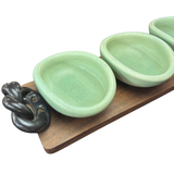 Trio of Celadon Ceramic Bowls with Wood Tray