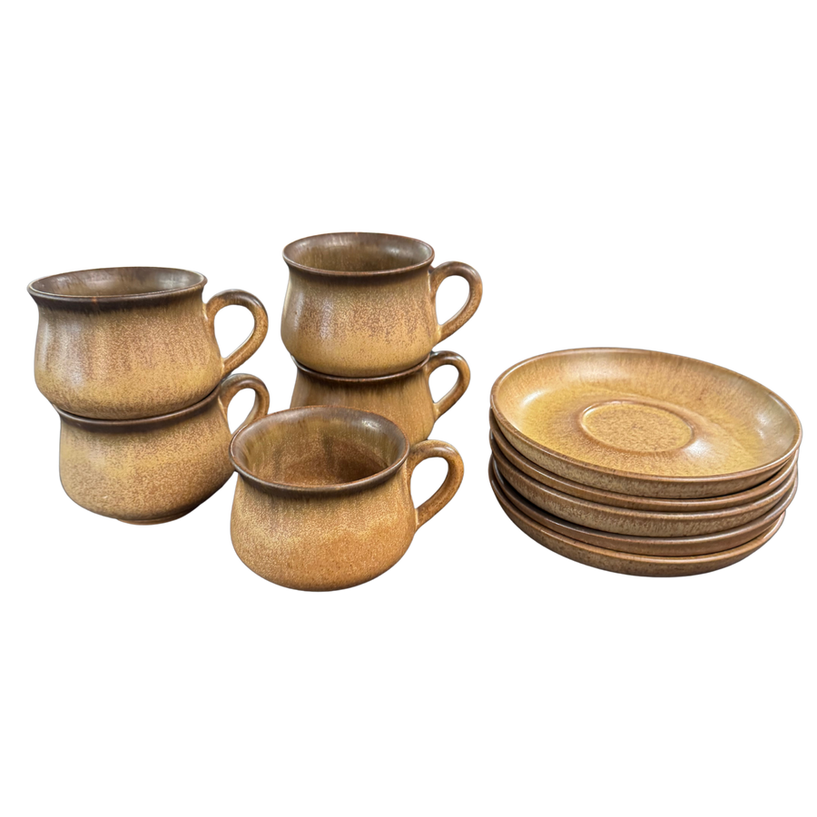 Set of 5 Studio Pottery Teacups with Saucers