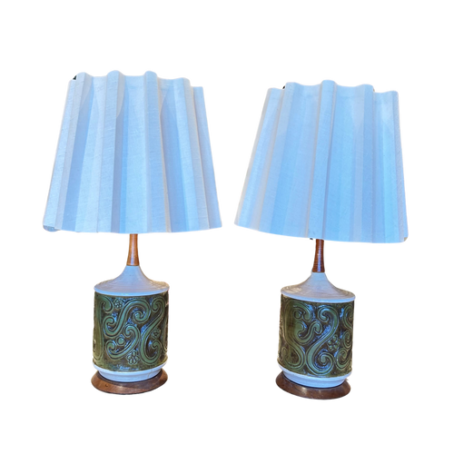 Pair of Ceramic and Wood Accent Table Lamps with Pleated Shades