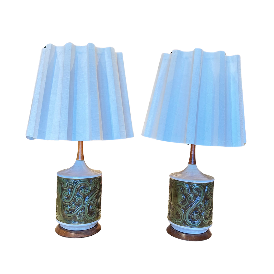 Pair of Ceramic and Wood Accent Table Lamps with Pleated Shades