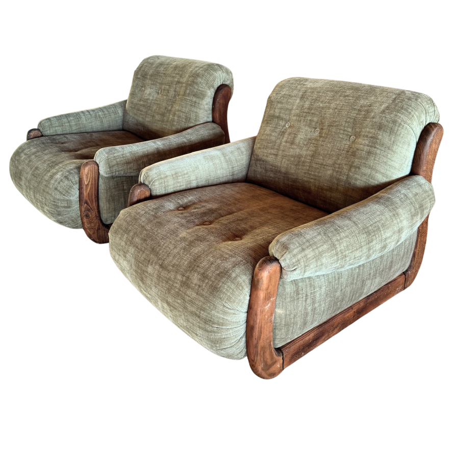 Pair of Vintage Sage Green Spanish Oak Framed Chairs, 1960s