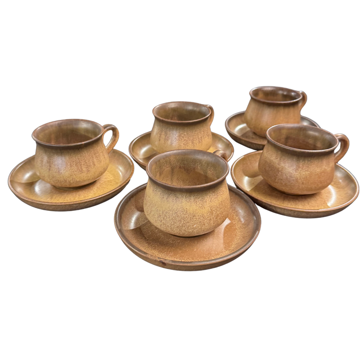Set of 5 Studio Pottery Teacups with Saucers