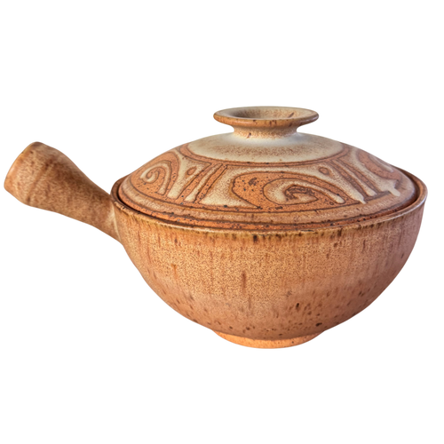 Handled Lidded Studio Pottery Vessel with Carved Swirl Pattern