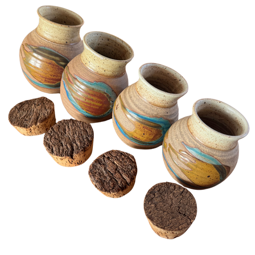 Set of Four Cork Lidded Studio Pottery Canisters