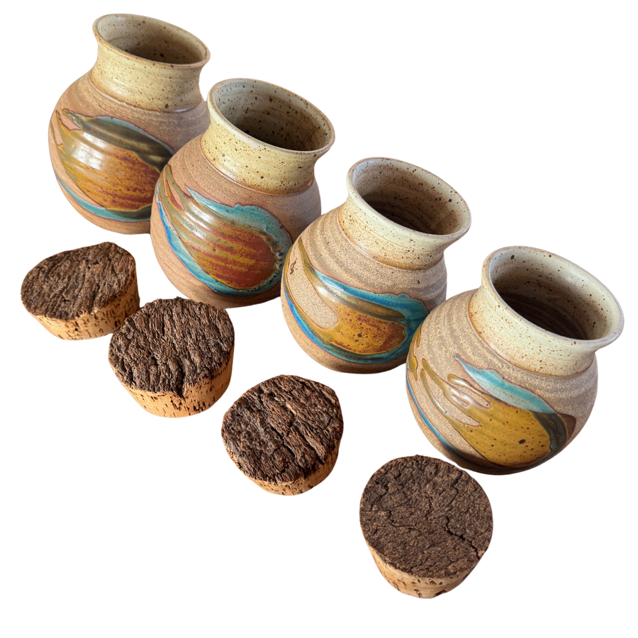 Set of Four Cork Lidded Studio Pottery Canisters