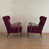 Pair of Merlot Velvet Italian Wingback Chairs