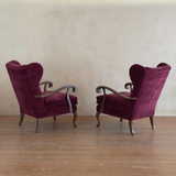 Pair of Merlot Velvet Italian Wingback Chairs