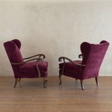 Pair of Merlot Velvet Italian Wingback Chairs