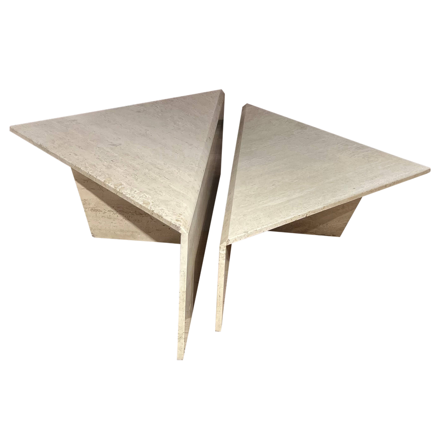 Triangle Travertine Coffee Table Pair