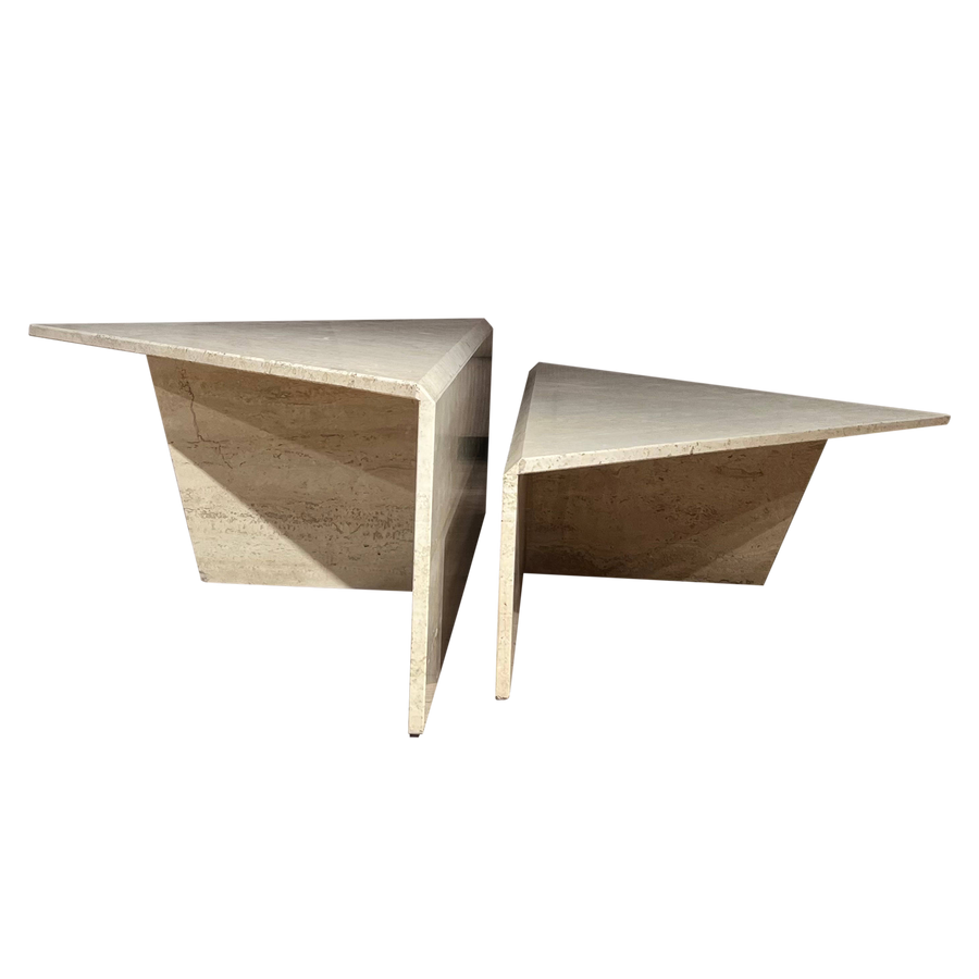 Triangle Travertine Coffee Table Pair