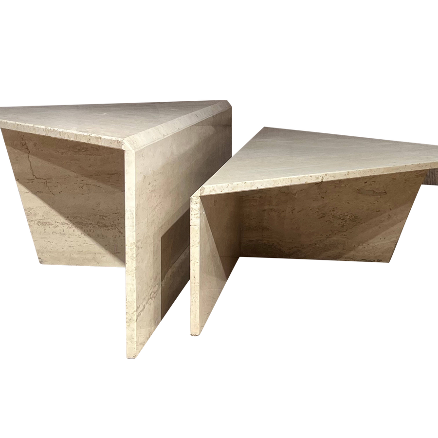 Triangle Travertine Coffee Table Pair