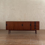 French Mid Century Teak Credenza with Brass Accents