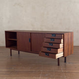 French Mid Century Teak Credenza with Brass Accents