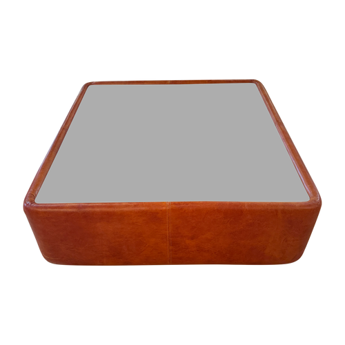 Cognac Leather Coffee Table with Smoked Glass Top