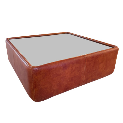 Cognac Leather Coffee Table with Smoked Glass Top