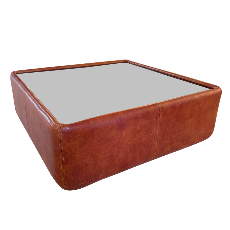 Cognac Leather Coffee Table with Smoked Glass Top