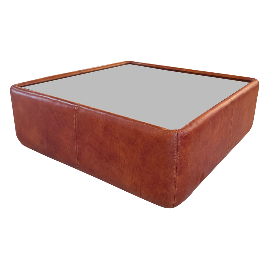 Cognac Leather Coffee Table with Smoked Glass Top