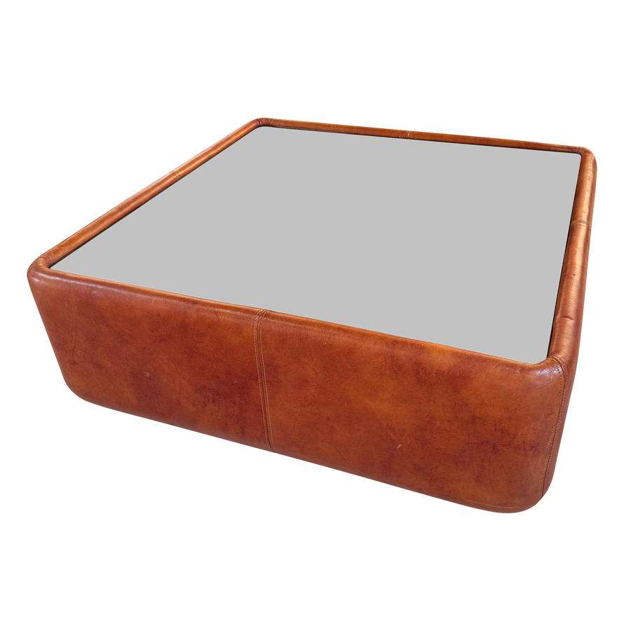 Cognac Leather Coffee Table with Smoked Glass Top