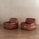 Pair of Italian Cognac Leather Lounge Chairs, 1970s