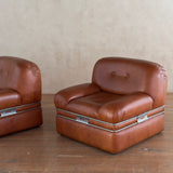 Pair of Italian Cognac Leather Lounge Chairs, 1970s
