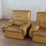 Pair of Chunky Butterscotch Leather High Back Lounge Chairs, Italy, 1970s