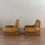 Pair of Chunky Butterscotch Leather High Back Lounge Chairs, Italy, 1970s