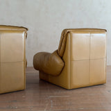 Pair of Chunky Butterscotch Leather High Back Lounge Chairs, Italy, 1970s