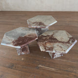 Trio of Italian Hexagonal Red and Cream Marble Nesting Tables