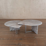 Pair of Italian Blush and Grey Marble Tables with Chrome Acccent