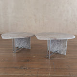 Pair of Italian Blush and Grey Marble Tables with Chrome Acccent