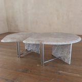 Pair of Italian Blush and Grey Marble Tables with Chrome Acccent