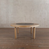 Round Oak and Slate Coffee Table, 1970s