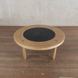 Round Oak and Slate Coffee Table, 1970s