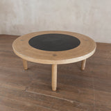 Round Oak and Slate Coffee Table, 1970s