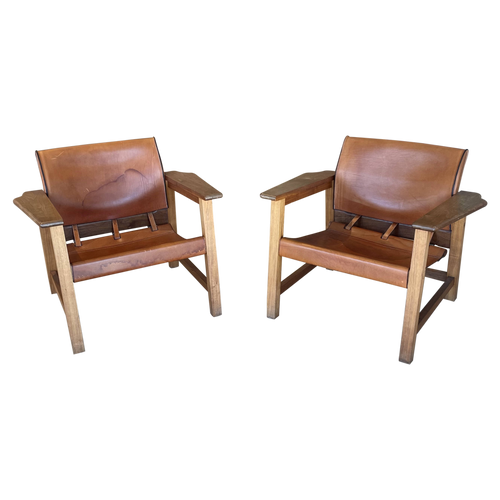 Pair of Walnut and Leather Safari Chairs
