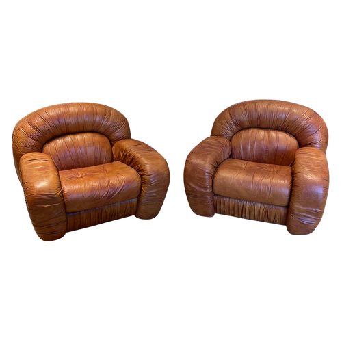 Pair of Oversized Rouched Leather Chairs