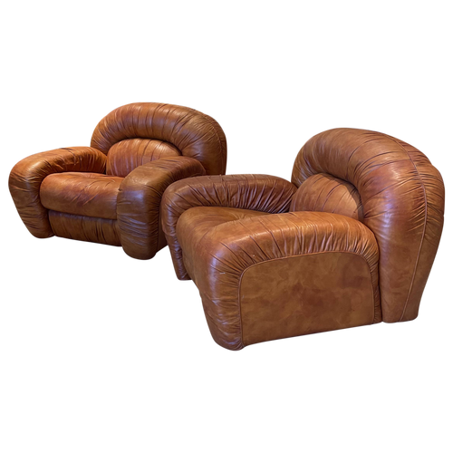Pair of Oversized Rouched Leather Chairs