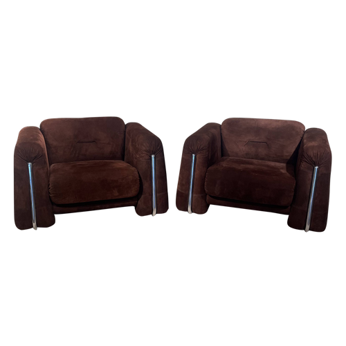 Pair of Chrome and Chocolate Suede Armchairs