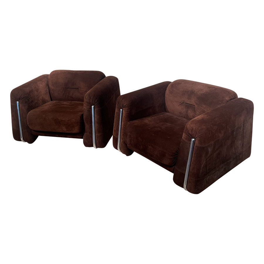 Pair of Chrome and Chocolate Suede Armchairs