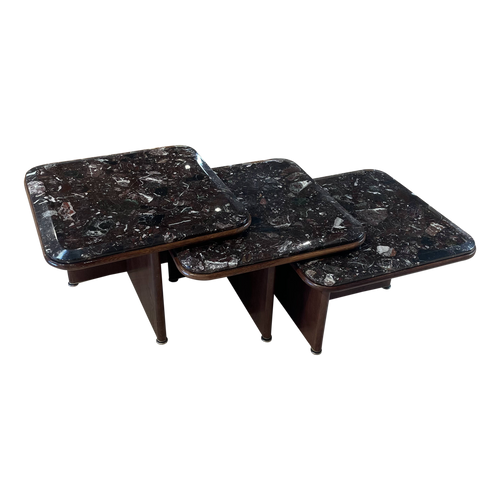 Set of 3 Wood and Burgundy Marble Nesting Tables