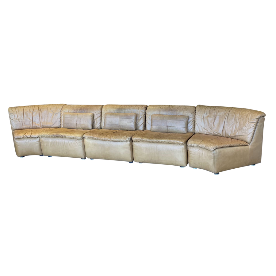 1970’s Patina Modular Leather Sofa with Patchwork Bolsters