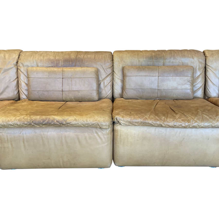 1970’s Patina Modular Leather Sofa with Patchwork Bolsters