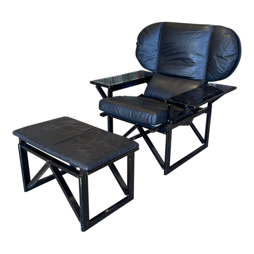 Black Leather Lounge Chair + Ottoman by Marc Berthier